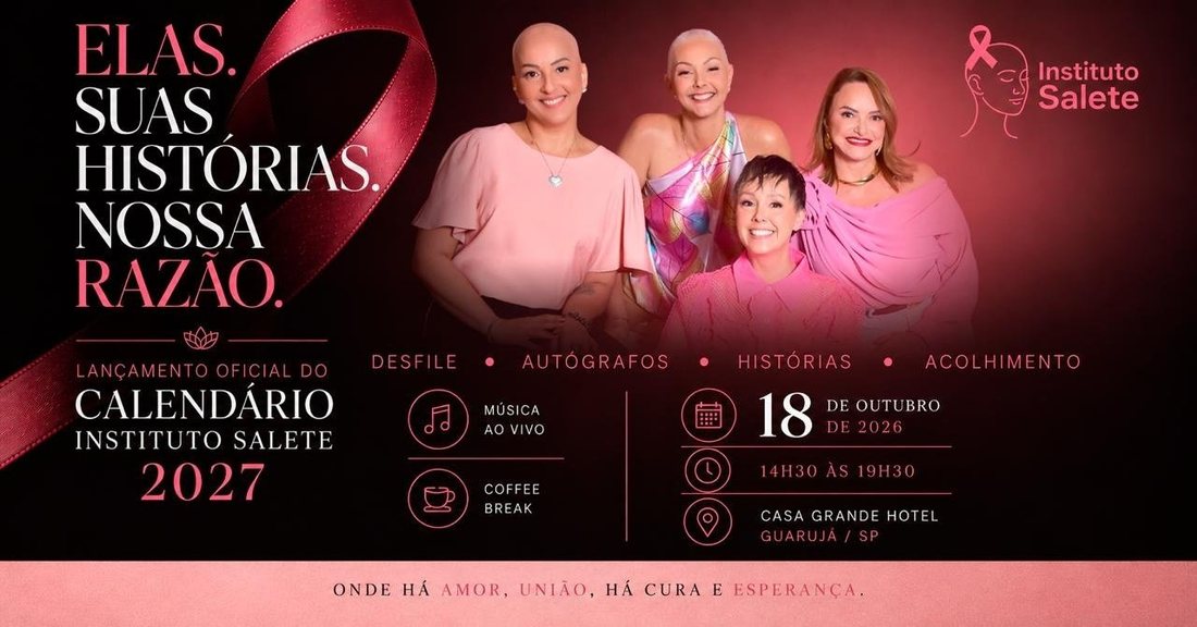 Arte oficial do evento Elas. Suas hist&oacute;rias. Nossa raz&atilde;o., com desfile, aut&oacute;grafos, hist&oacute;rias e acolhimento, em 18 de outubro de 2026, das 14h30 &agrave;s 19h30, no Casa Grande Hotel, Guaruj&aacute;/SP